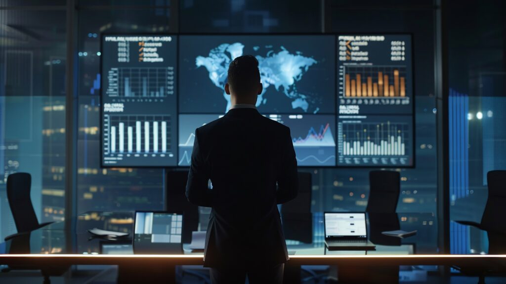 Corporate leader presenting strategic plans interactive financial dashboards and market analytics