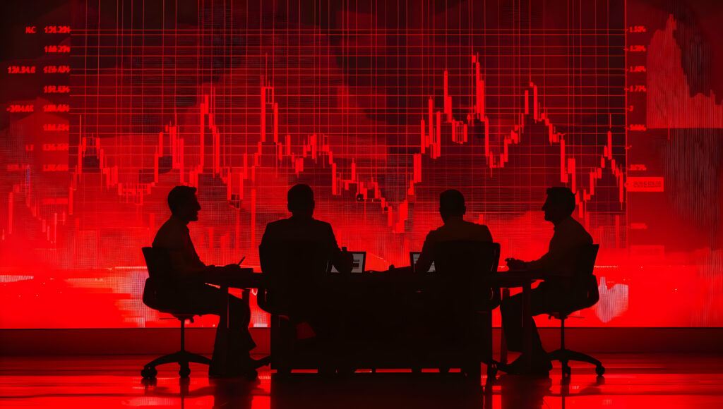 Business meeting with financial data analysis, silhouettes of professionals in front of a red stock market graph, discussing strategy.