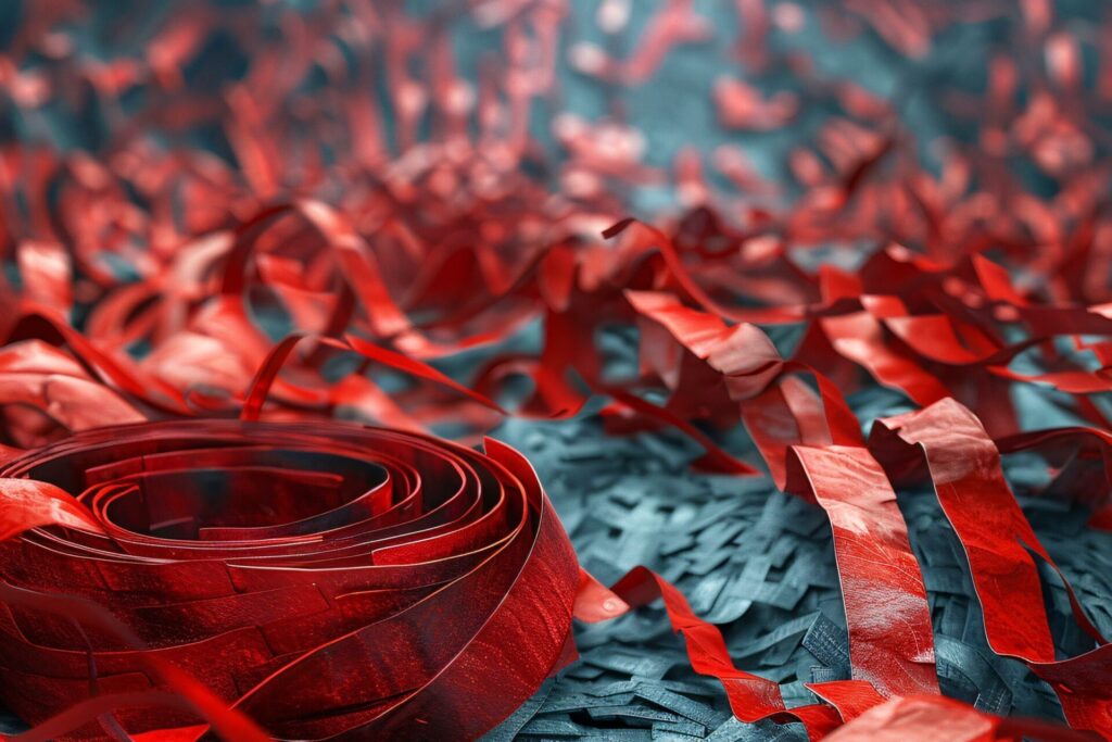 An intricate image of tangled red ribbons, symbolizing complex bureaucracy and red tape.